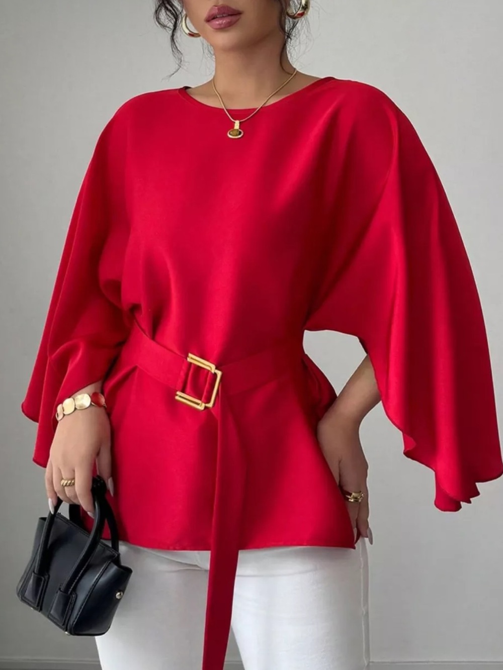 ⭐️ Round Neck Belted Batwing Sleeve Blouse
